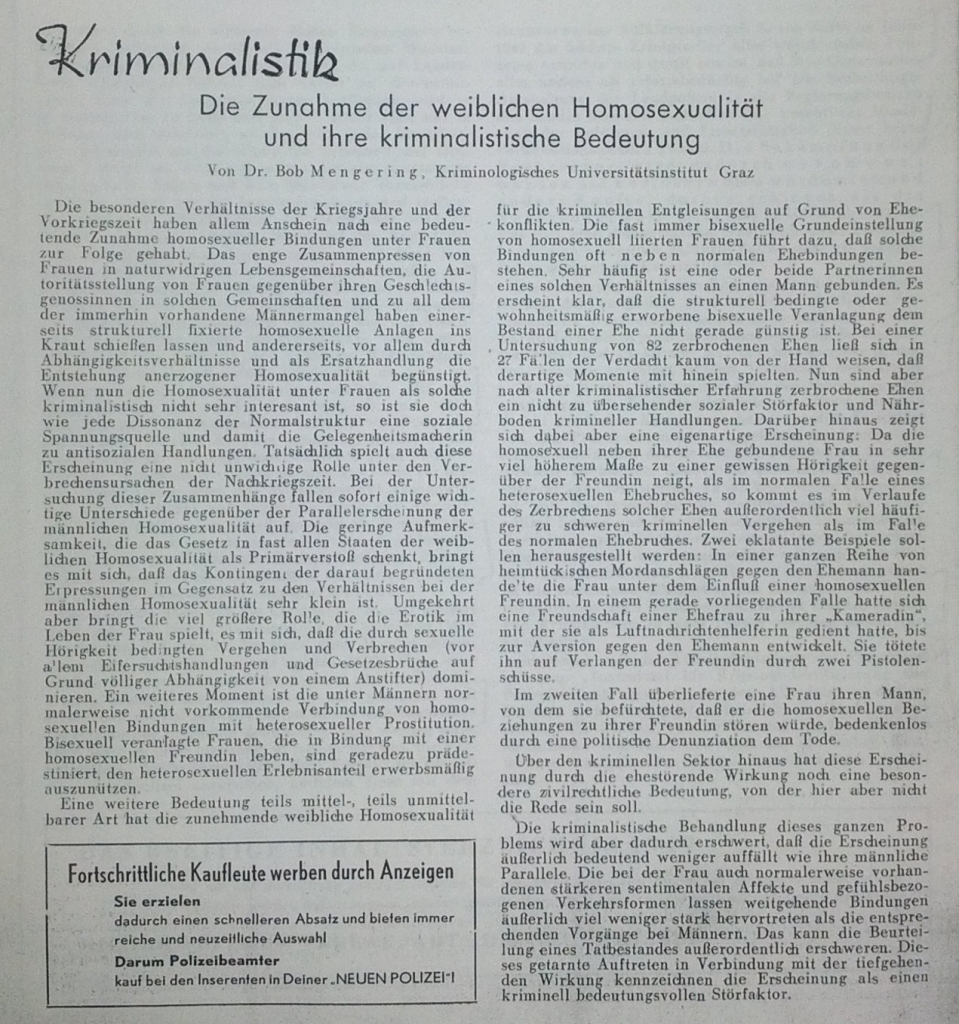 die Zunahme der weiblichen Homosexualität (Die Neue Polizei, 1/1950)